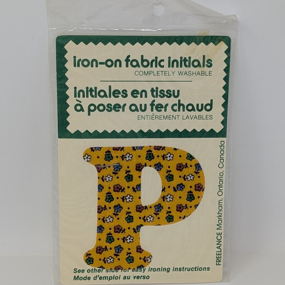 P Iron-On Fabric Initial with Floral Design Yellow Vintage